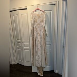Long Sleeve Lace (Wedding Dress) Overlay Maxi Dress in Cream and Tan